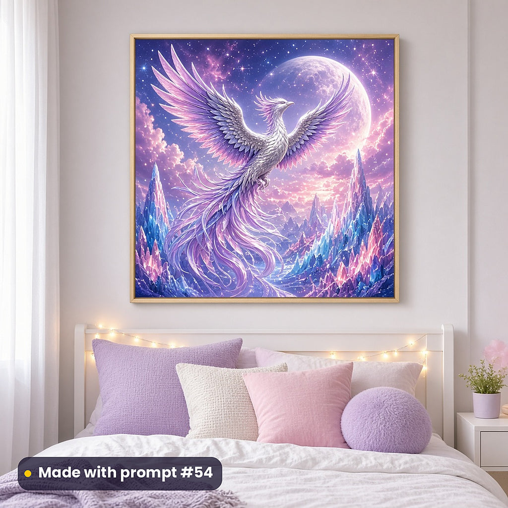 Phoenix Ember Mountains kids' fantasy artwork UV-printed on a framed print, made with prompt #54