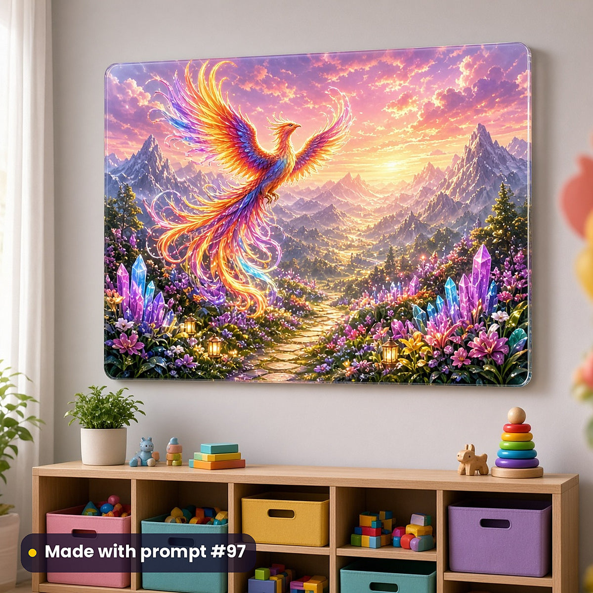 Phoenix Ember Mountains kids' fantasy artwork UV-printed on an acrylic wall panel, made with prompt #97