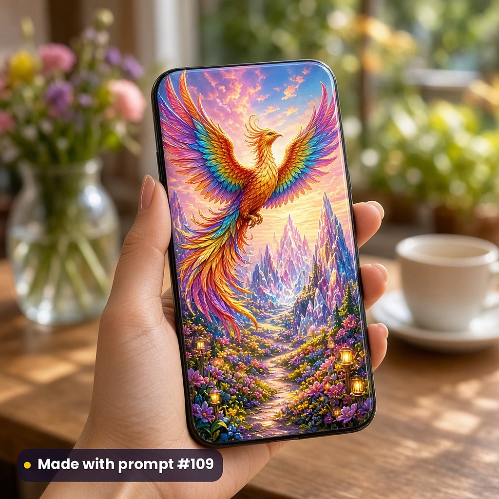 Phoenix Ember Mountains kids' fantasy artwork UV-printed on a phone case, made with prompt #109