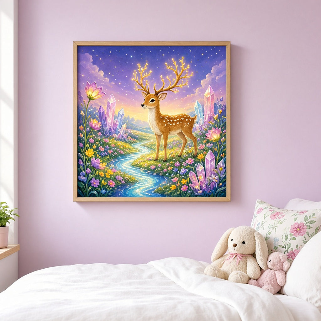 Magical deer in a crystal meadow printed flat on a framed print in a child's bedroom, made with prompt #11