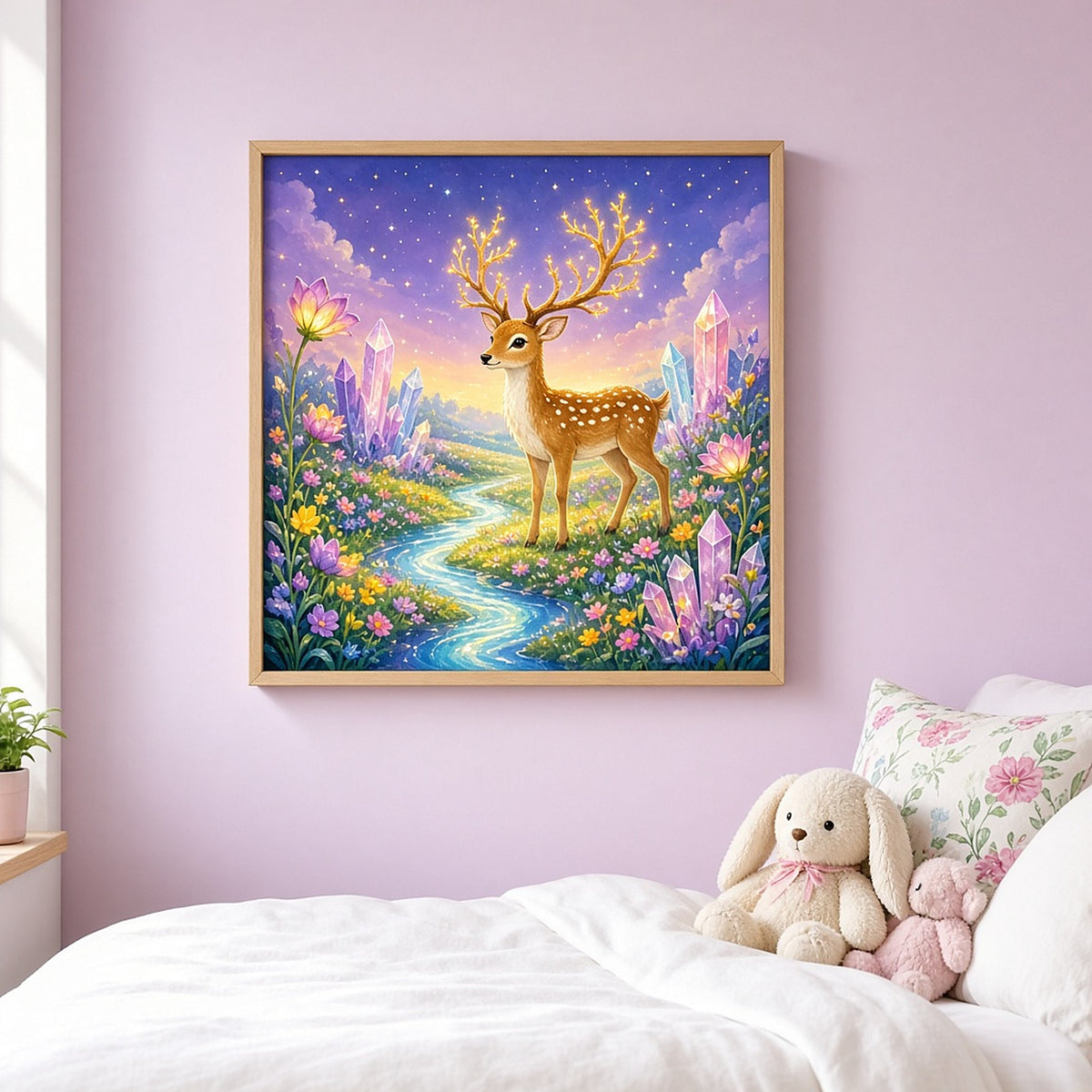 Magical deer in a crystal meadow printed flat on a framed print in a child's bedroom, made with prompt #11