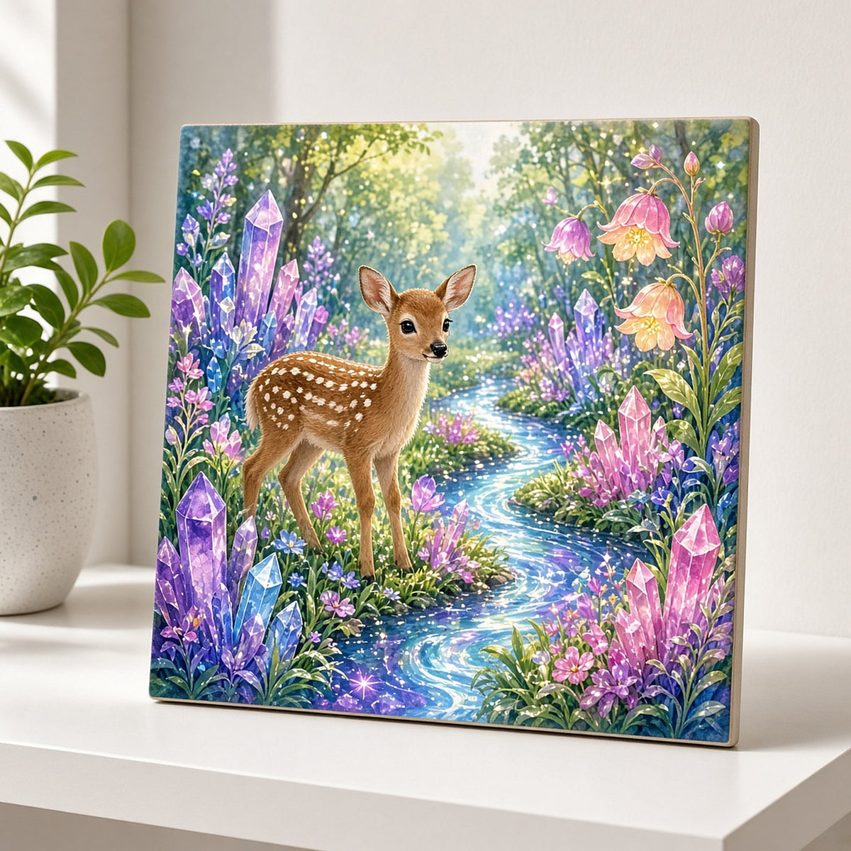 Baby deer in a sparkling glade printed flat on a ceramic tile, made with prompt #55