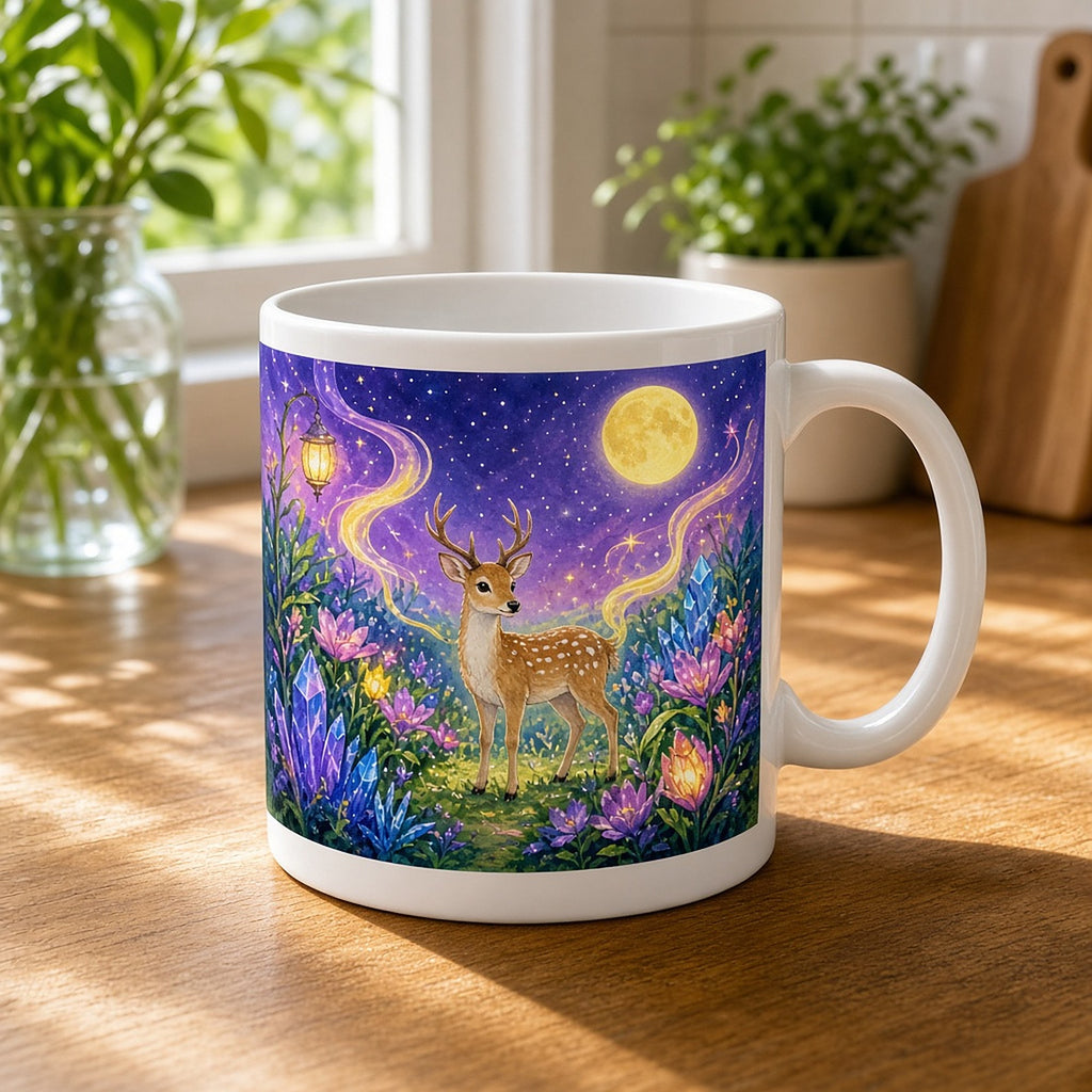 Deer in a starlit field printed flat on a white mug, made with prompt #100