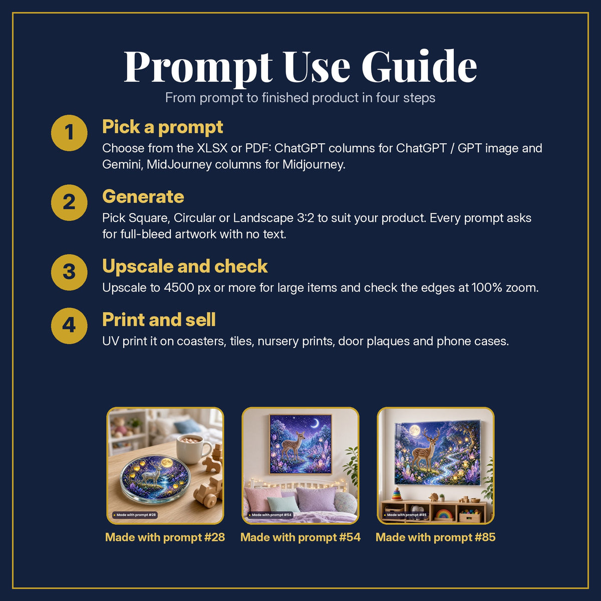 Prompt Use Guide for the Deer Crystal Meadows Kids Fantasy Prompt Pack: pick a prompt, generate, upscale and check, print and sell, with sample products made with the pack's prompts