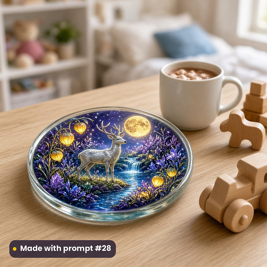 Deer Crystal Meadows kids' fantasy artwork UV-printed on a glass coaster, made with prompt #28