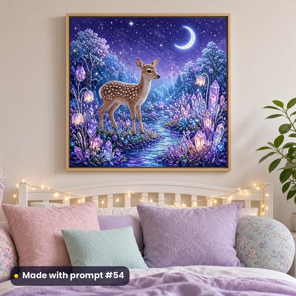 Deer Crystal Meadows kids' fantasy artwork UV-printed on a framed print, made with prompt #54