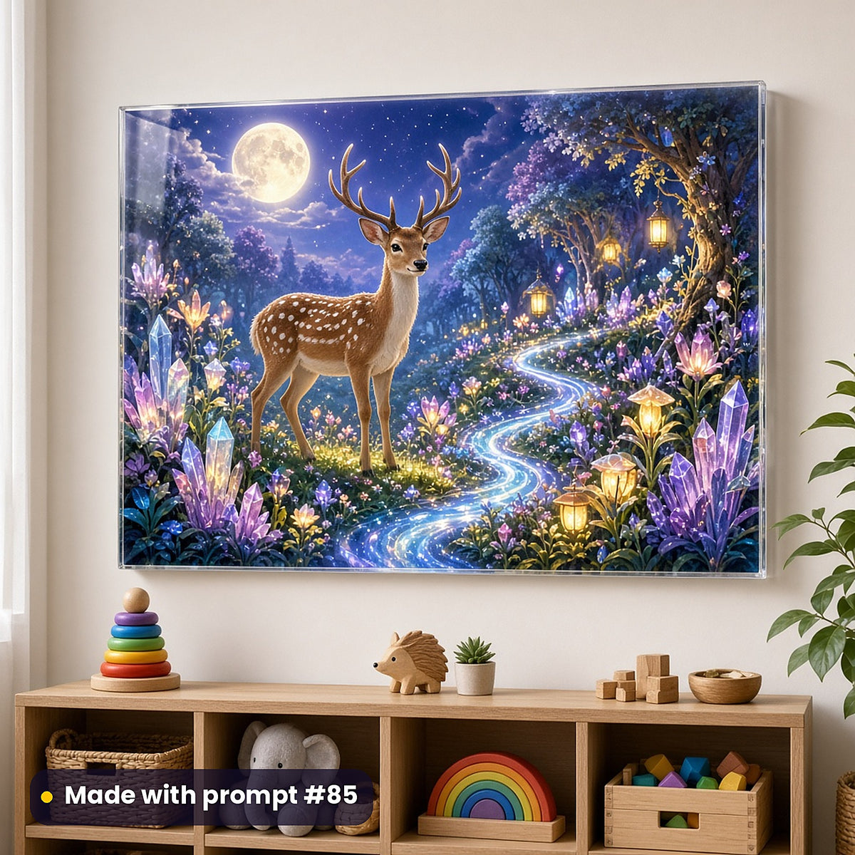 Deer Crystal Meadows kids' fantasy artwork UV-printed on an acrylic wall panel, made with prompt #85