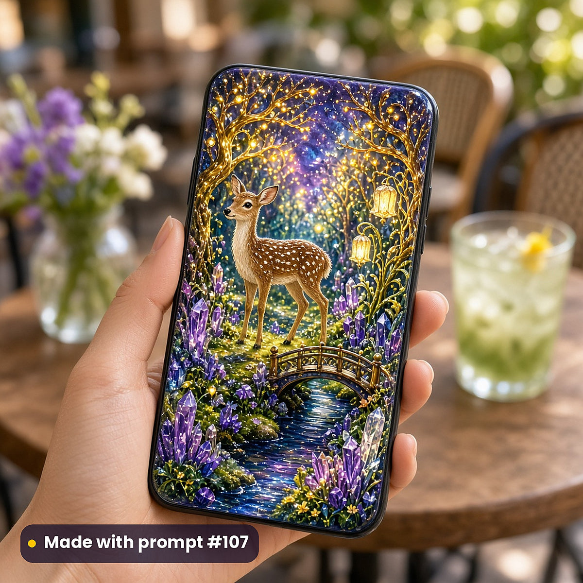 Deer Crystal Meadows kids' fantasy artwork UV-printed on a phone case, made with prompt #107