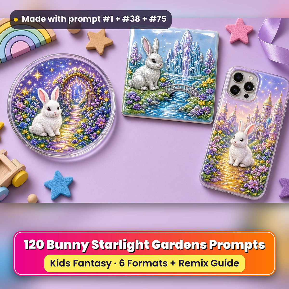 Bunny Starlight Gardens kids fantasy prompt pack: UV-printed coaster, tile and phone case set mockup, made with prompt #1 + #38 + #75