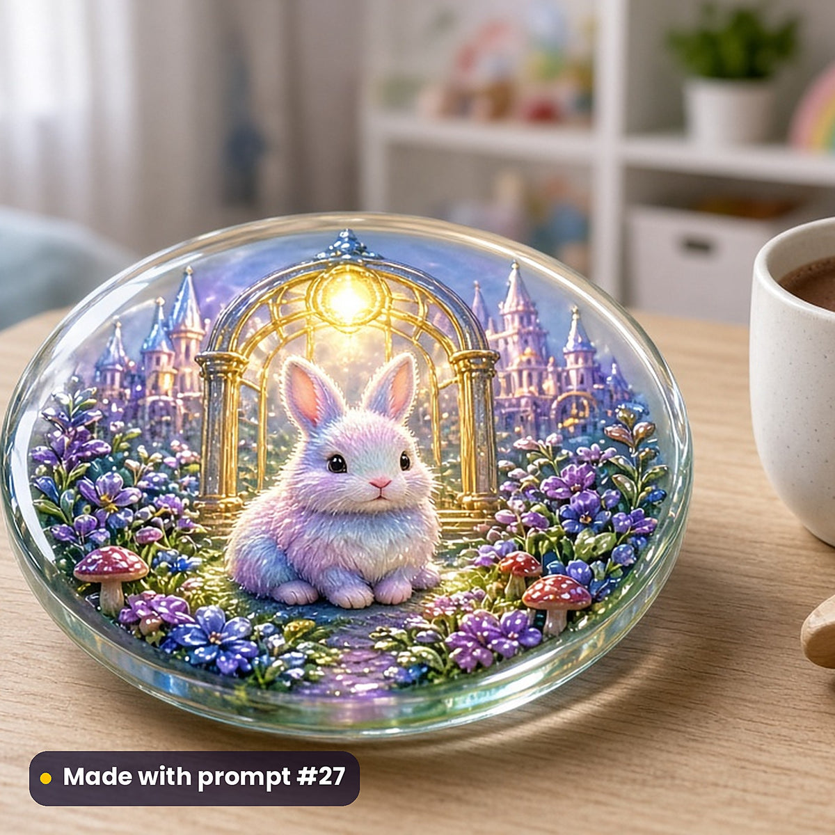 Bunny Starlight Gardens kids fantasy prompt pack: UV-printed glass coaster mockup, made with prompt #27