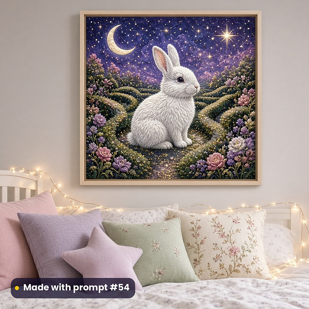 Bunny Starlight Gardens kids fantasy prompt pack: framed nursery print mockup, made with prompt #54
