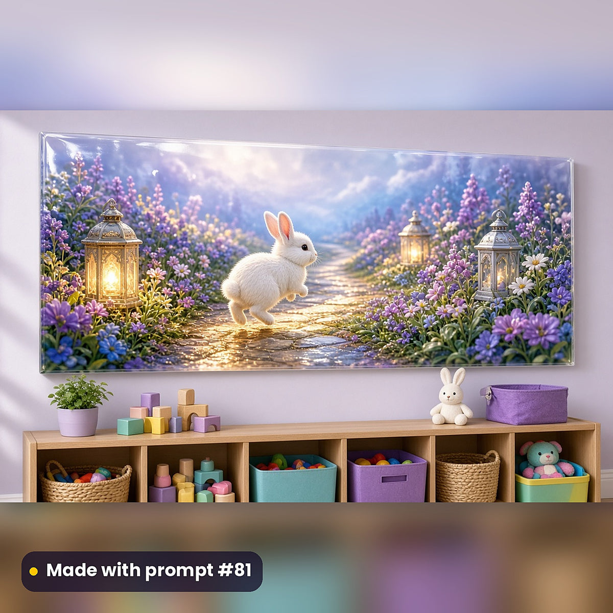 Bunny Starlight Gardens kids fantasy prompt pack: acrylic wall panel above a toy shelf mockup, made with prompt #81