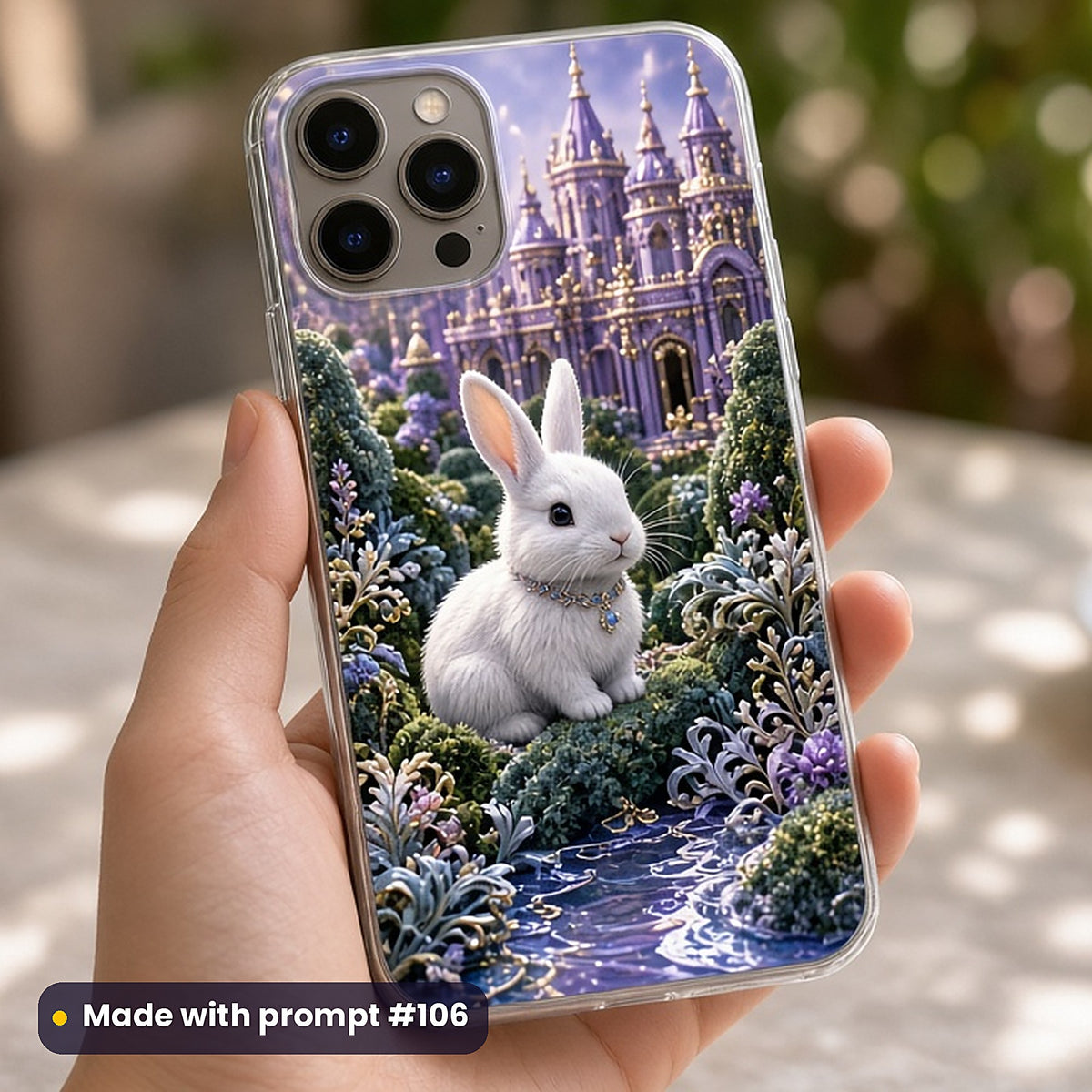 Bunny Starlight Gardens kids fantasy prompt pack: UV-printed phone case mockup, made with prompt #106