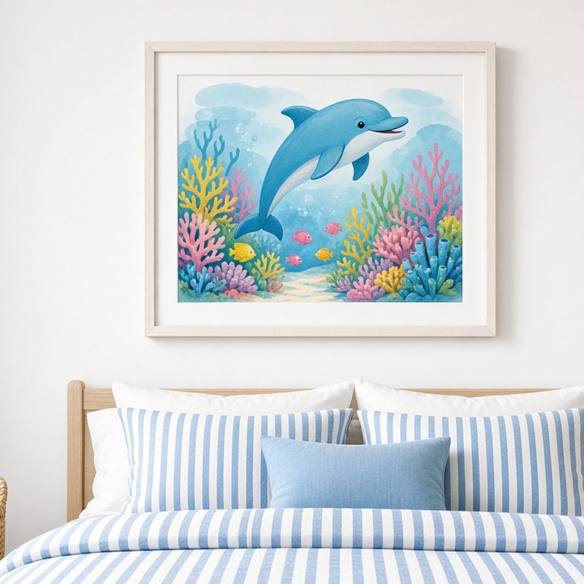 Smiling dolphin in a rainbow reef shown as a flat framed print in a coastal bedroom, made with prompt #12
