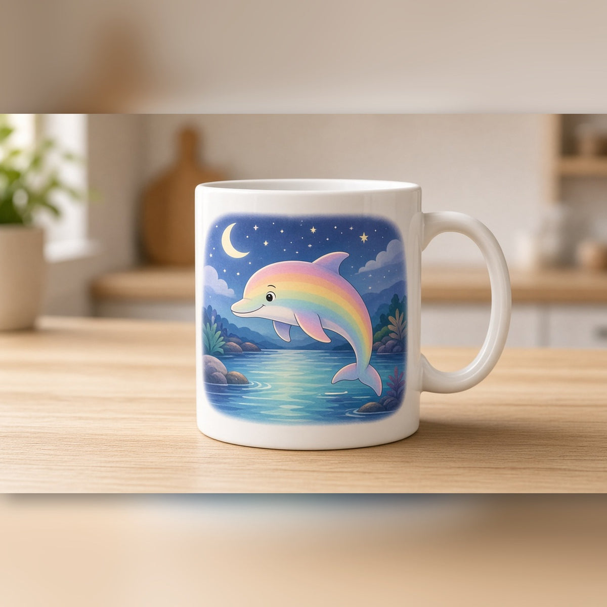 Rainbow dolphin in a moonlit lagoon printed flat on a ceramic mug, made with prompt #56