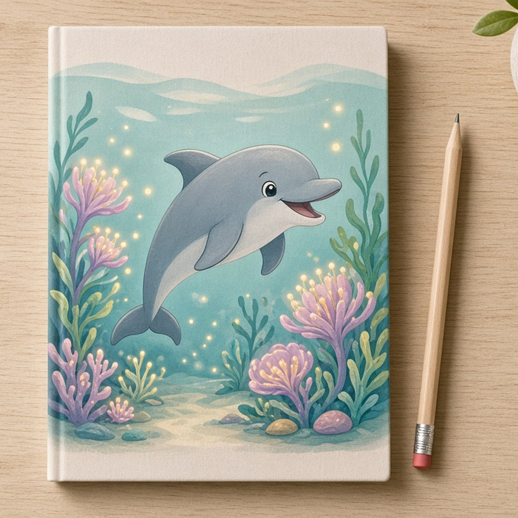 Dolphin by glowing sea flowers printed flat on a notebook cover, made with prompt #101