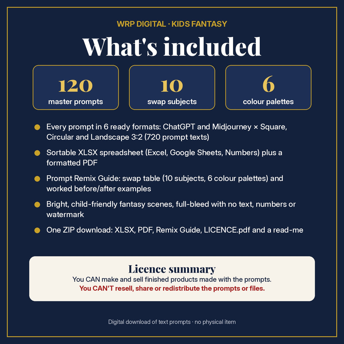 What's included in the Dolphin Rainbow Reefs Kids Fantasy Prompt Pack: 120 master prompts, 10 swap subjects, 6 colour palettes, XLSX and PDF, Prompt Remix Guide and licence summary