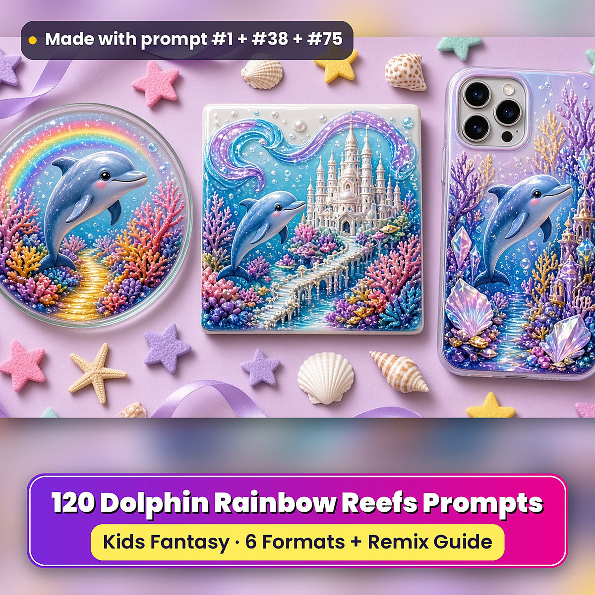 Dolphin Rainbow Reefs kids fantasy prompt pack: UV-printed coaster, tile and phone case set mockup, made with prompt #1 + #38 + #75