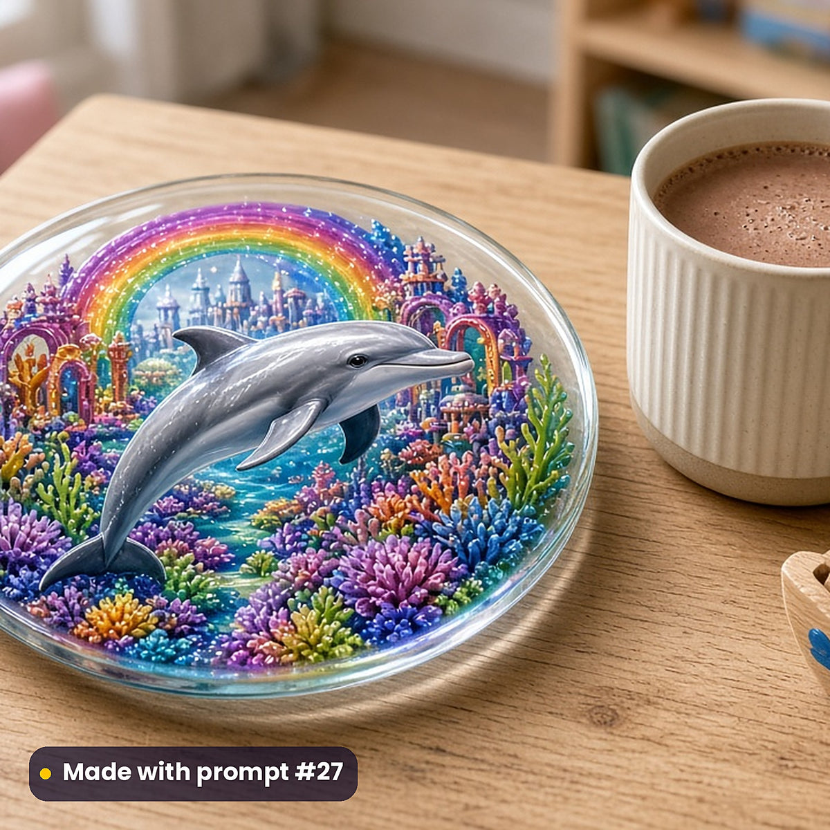 Dolphin Rainbow Reefs kids fantasy prompt pack: UV-printed glass coaster mockup, made with prompt #27
