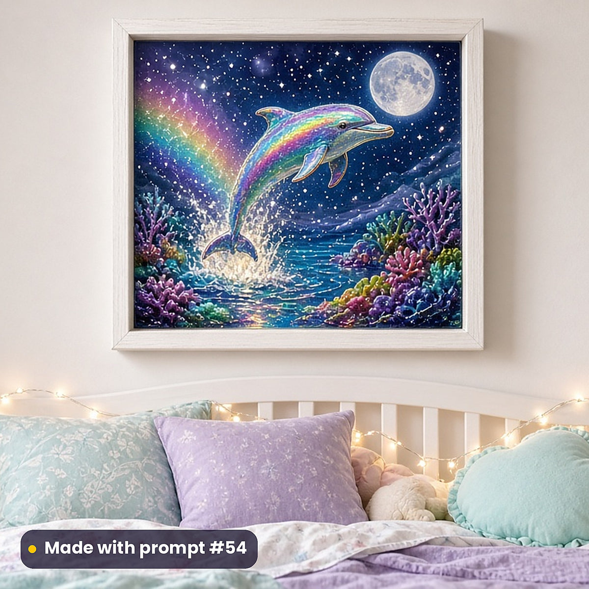 Dolphin Rainbow Reefs kids fantasy prompt pack: framed nursery print mockup, made with prompt #54