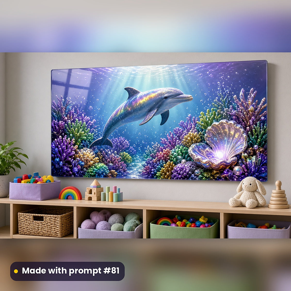 Dolphin Rainbow Reefs kids fantasy prompt pack: acrylic wall panel above a toy shelf mockup, made with prompt #81
