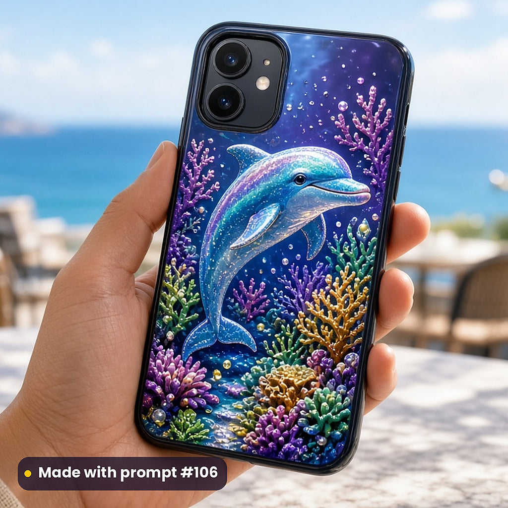 Dolphin Rainbow Reefs kids fantasy prompt pack: UV-printed phone case mockup, made with prompt #106