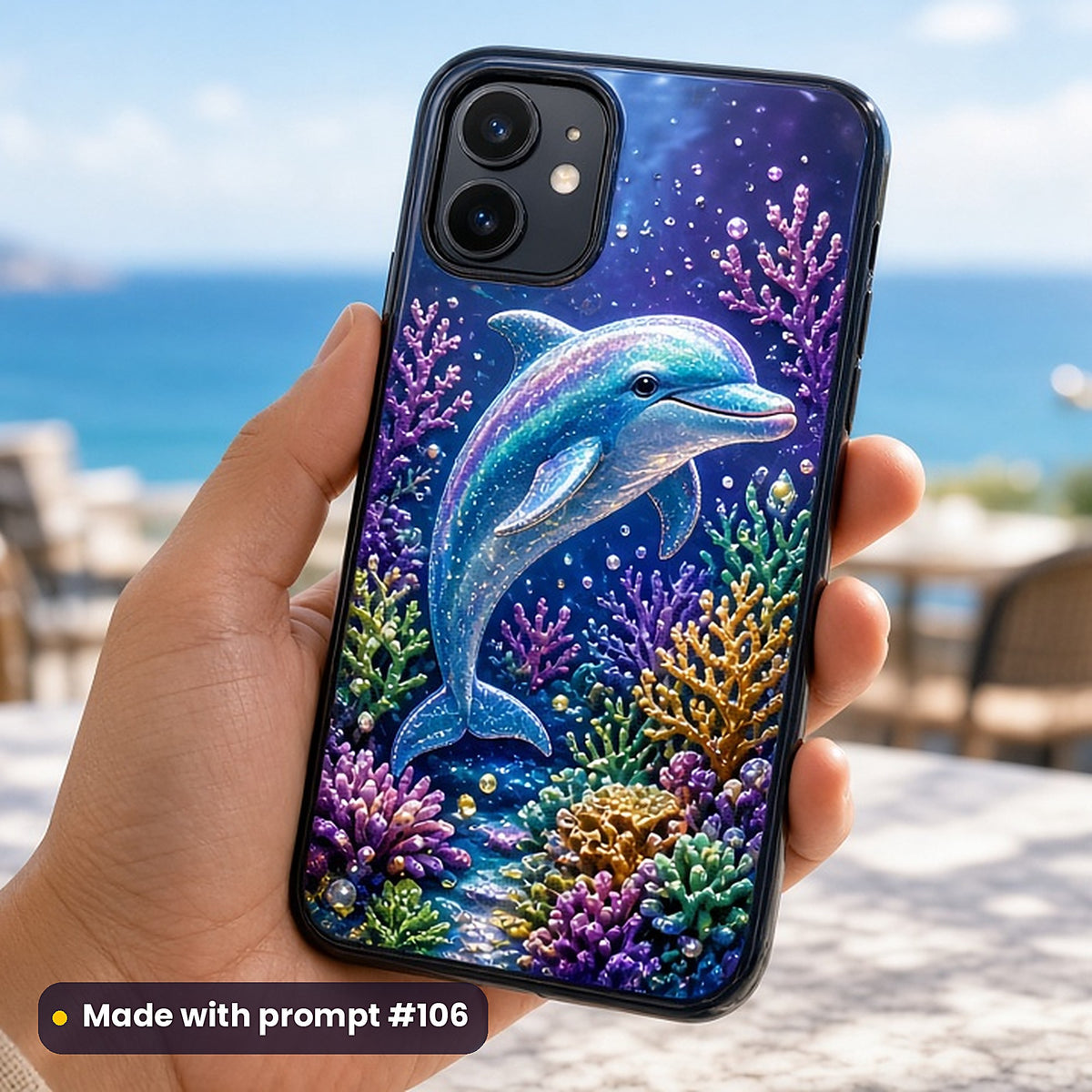 Dolphin Rainbow Reefs kids fantasy prompt pack: UV-printed phone case mockup, made with prompt #106