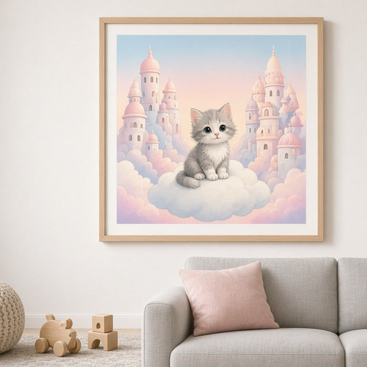 Kitten in a cloud kingdom shown as a flat framed print in a playroom, made with prompt #12