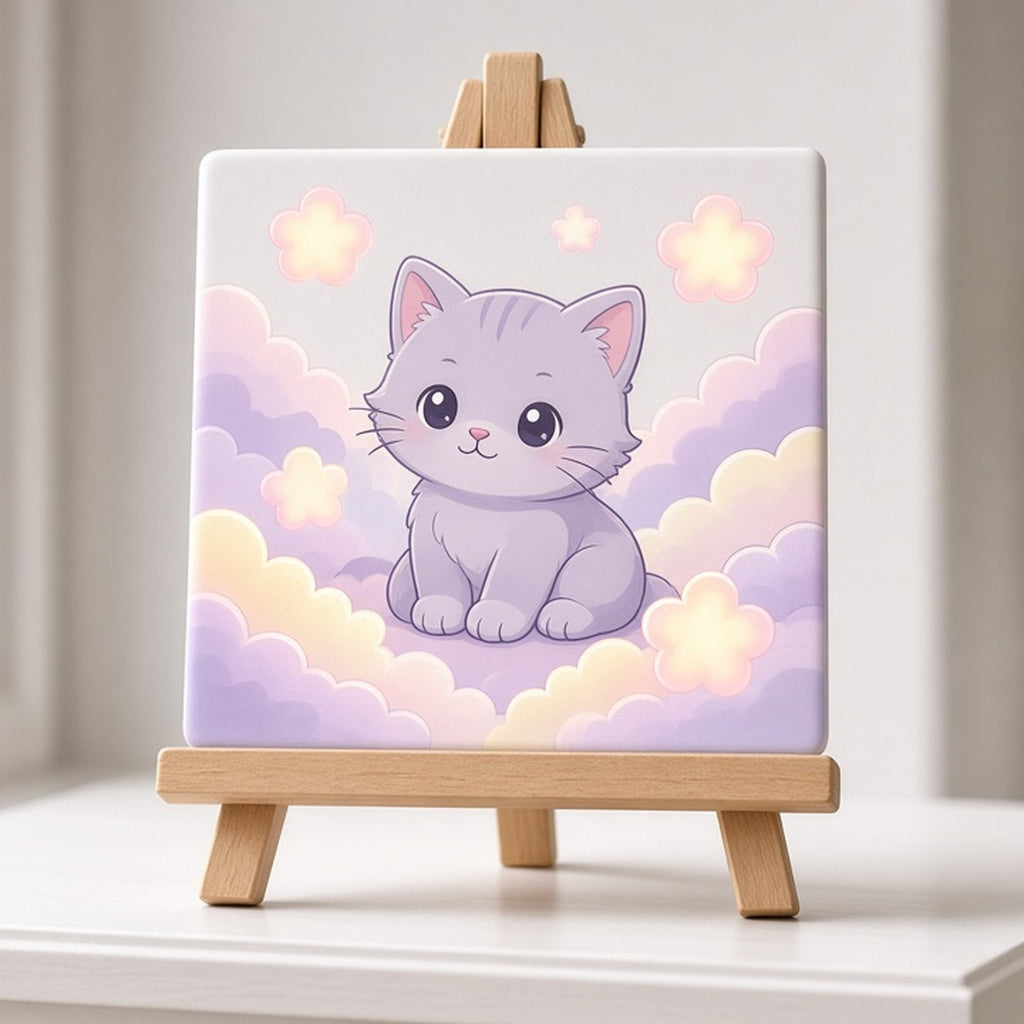 Kitten among glowing cloud flowers printed flat on a ceramic tile on an easel, made with prompt #56