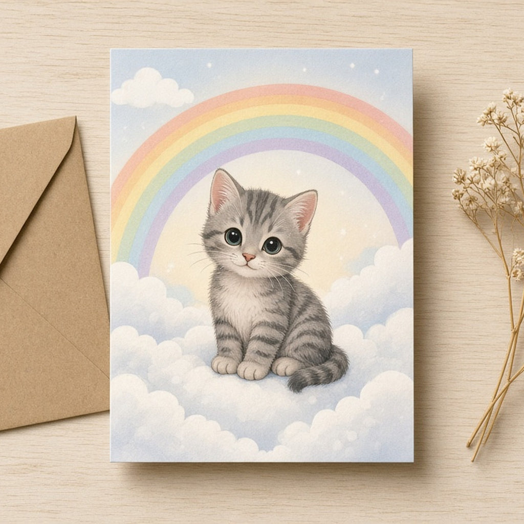 Kitten under a rainbow arch in the clouds printed flat on a greeting card, made with prompt #101