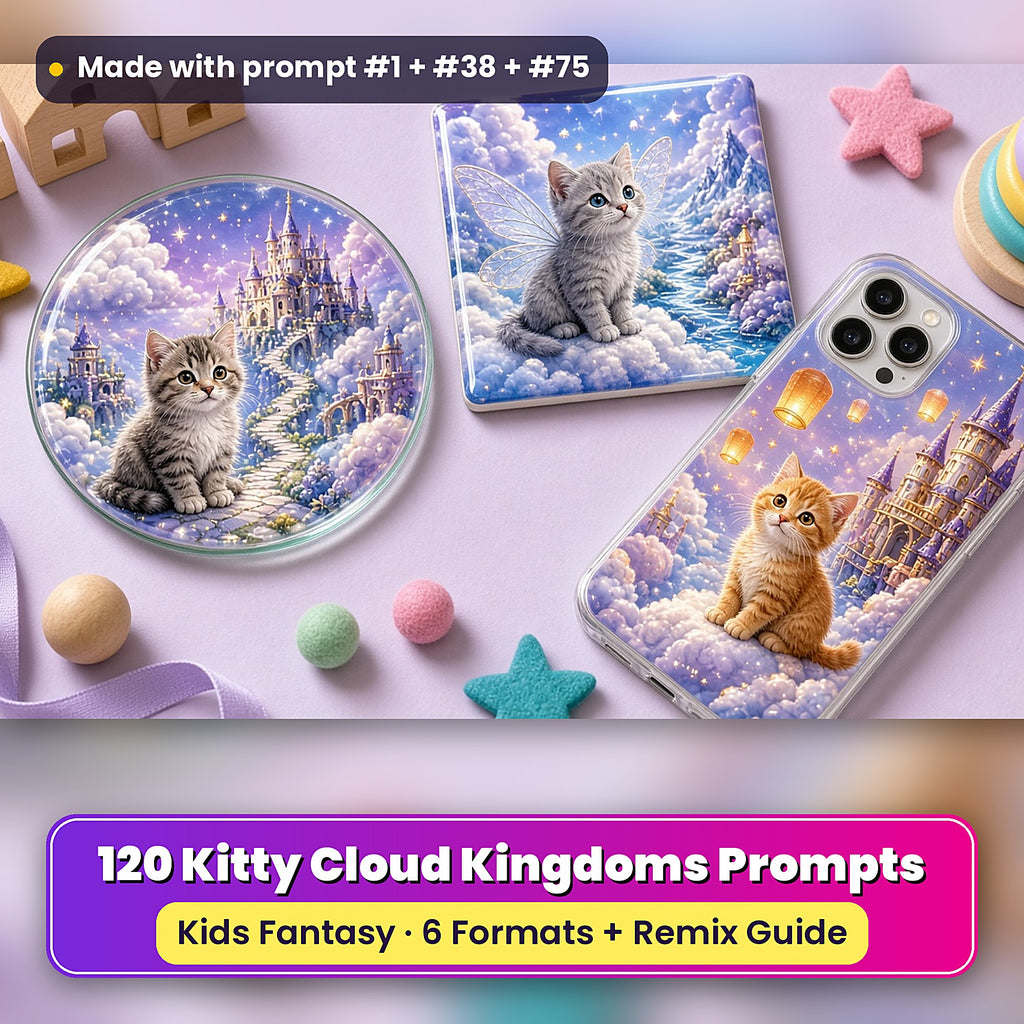 Kitty Cloud Kingdoms kids fantasy prompt pack: UV-printed coaster, tile and phone case set mockup, made with prompt #1 + #38 + #75