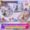 Kitty Cloud Kingdoms kids fantasy prompt pack: UV-printed coaster, tile and phone case set mockup, made with prompt #1 + #38 + #75