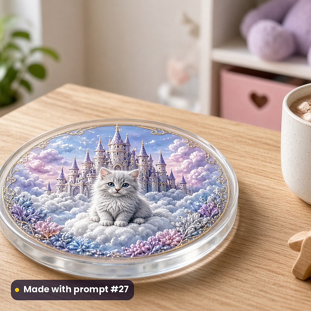 Kitty Cloud Kingdoms kids fantasy prompt pack: UV-printed glass coaster mockup, made with prompt #27