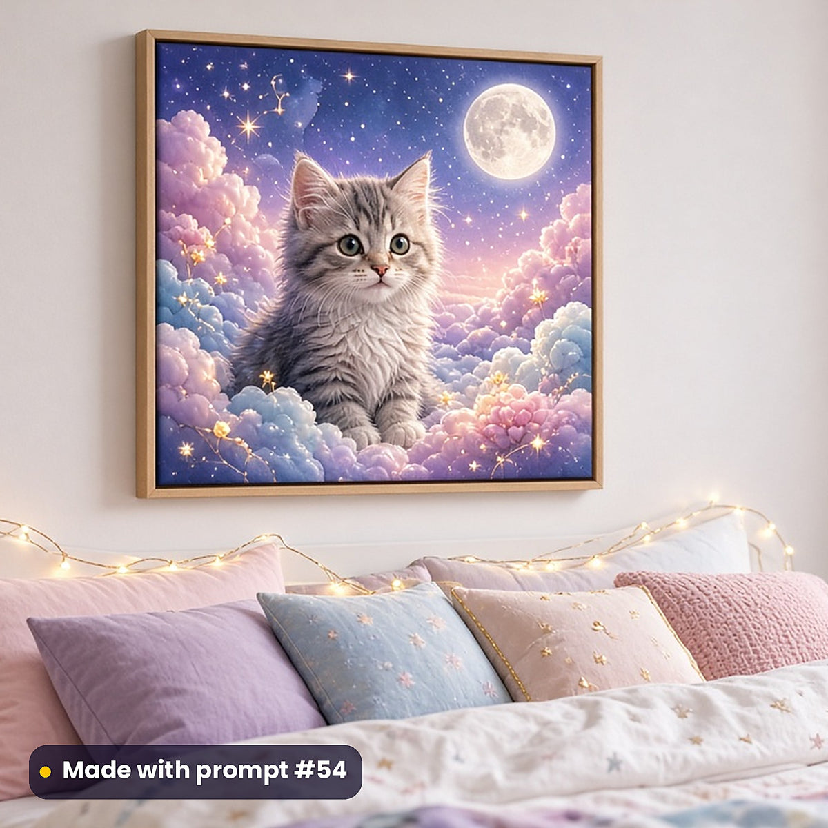 Kitty Cloud Kingdoms kids fantasy prompt pack: framed nursery print mockup, made with prompt #54