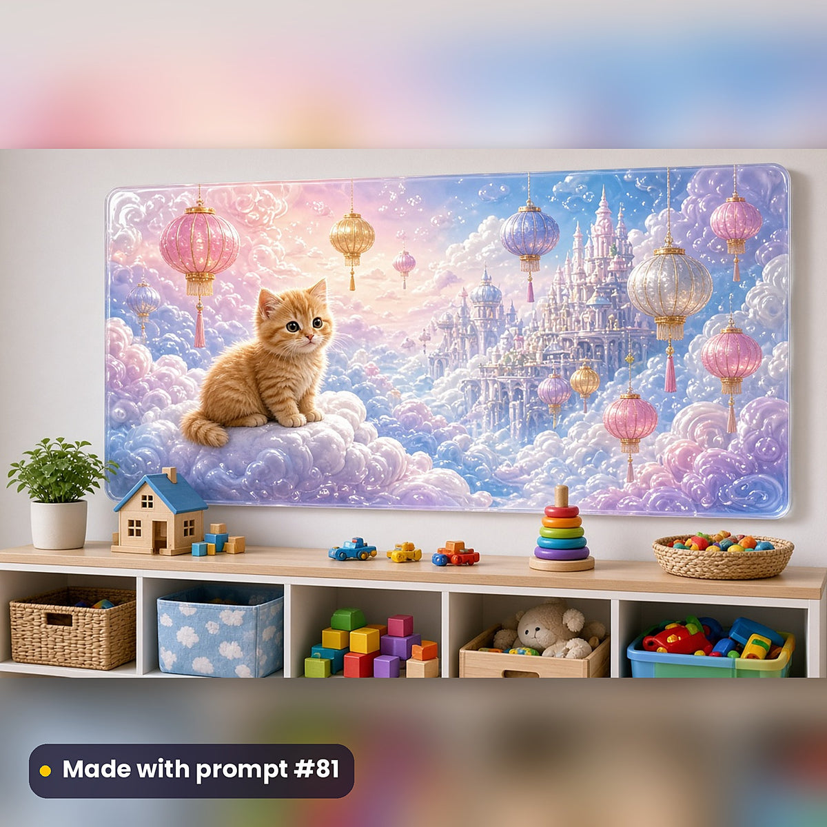Kitty Cloud Kingdoms kids fantasy prompt pack: acrylic wall panel above a toy shelf mockup, made with prompt #81