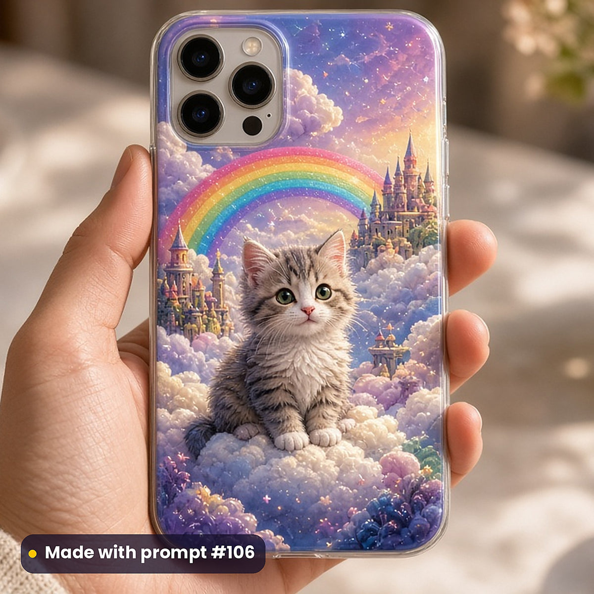 Kitty Cloud Kingdoms kids fantasy prompt pack: UV-printed phone case mockup, made with prompt #106