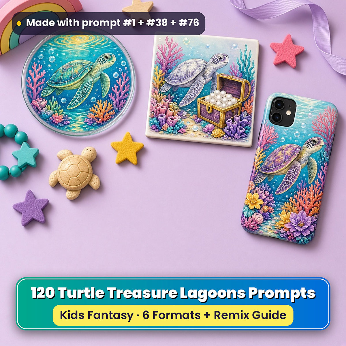 Turtle Treasure Lagoons kids' fantasy prompt pack title card with UV-printed coaster, tile and phone case, made with prompt #1 + #38 + #76