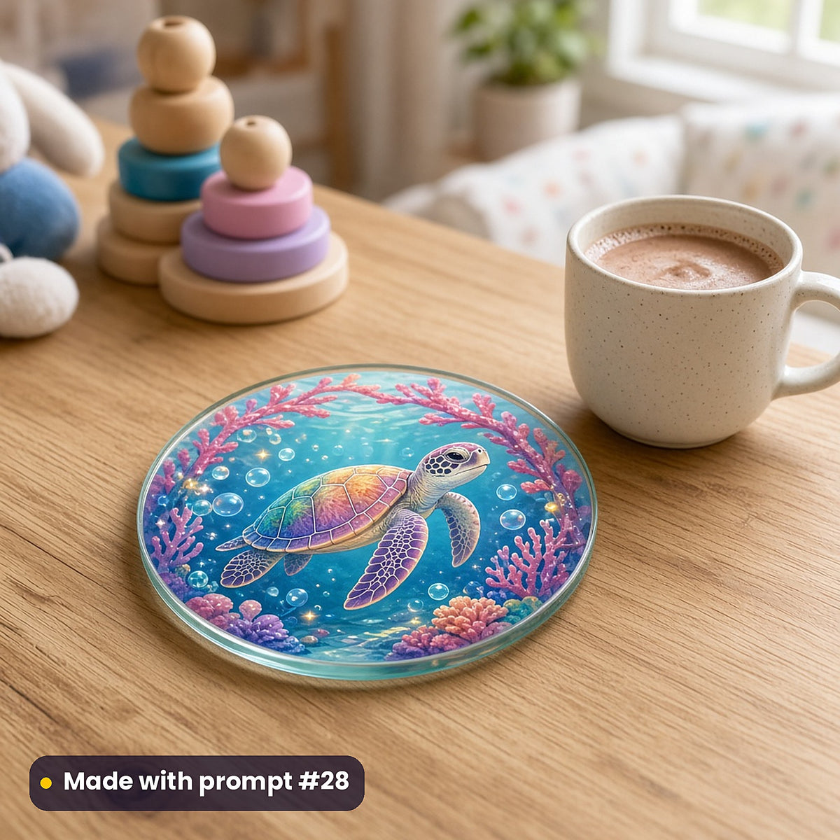 Turtle Treasure Lagoons kids' fantasy artwork UV-printed on a glass coaster, made with prompt #28