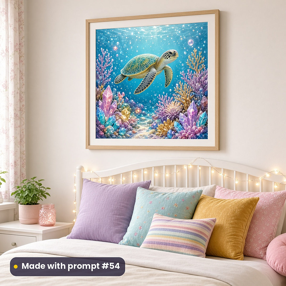 Turtle Treasure Lagoons kids' fantasy artwork UV-printed on a framed print, made with prompt #54