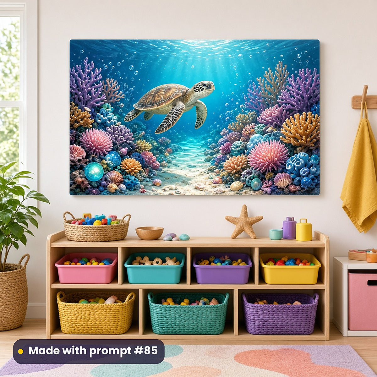 Turtle Treasure Lagoons kids' fantasy artwork UV-printed on an acrylic wall panel, made with prompt #85