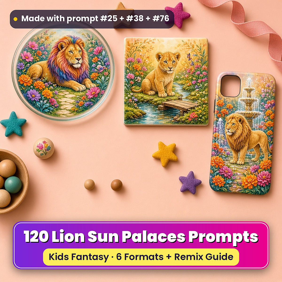 Lion Sun Palaces kids' fantasy prompt pack title card with UV-printed coaster, tile and phone case, made with prompt #25 + #38 + #76