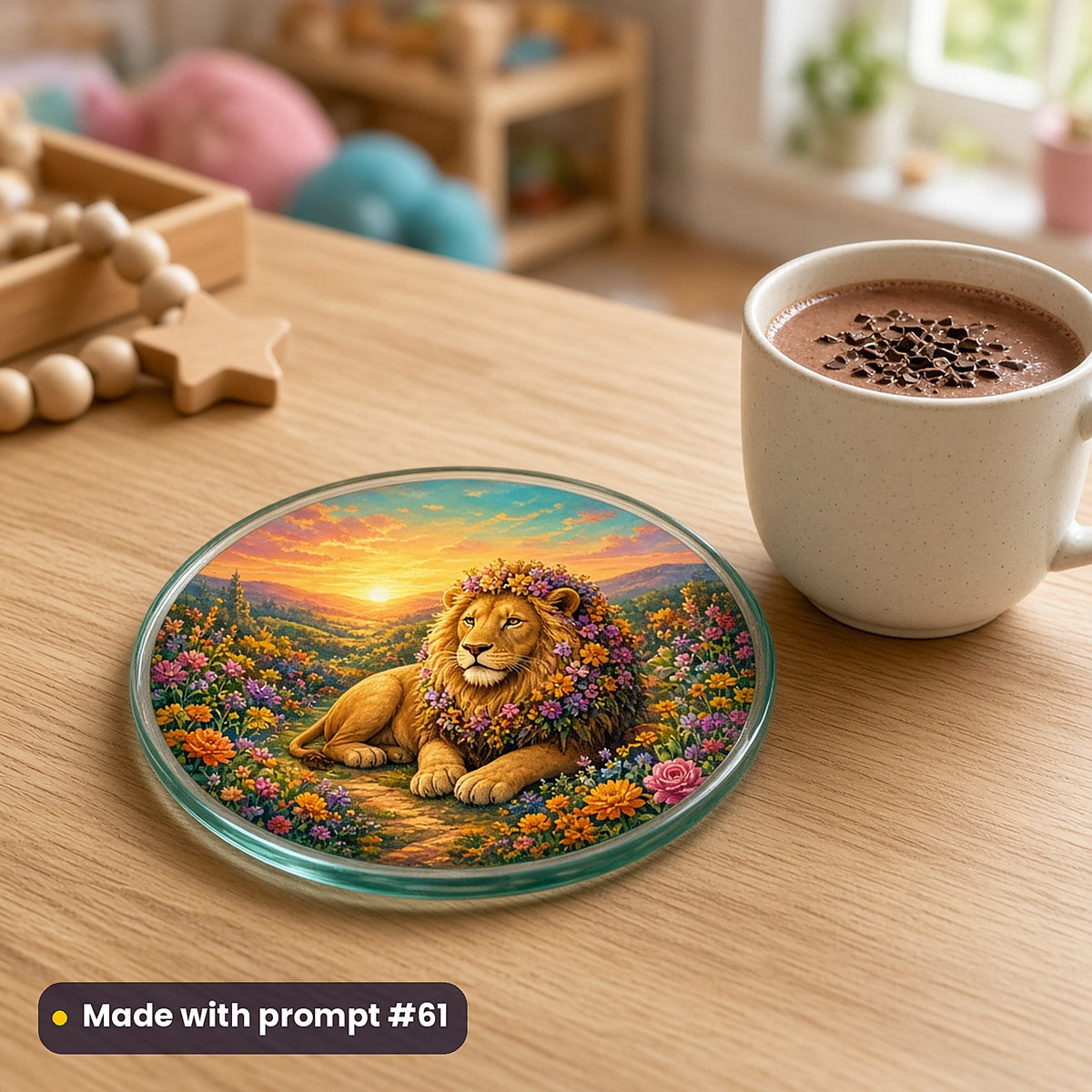 Lion Sun Palaces kids' fantasy artwork UV-printed on a glass coaster, made with prompt #61