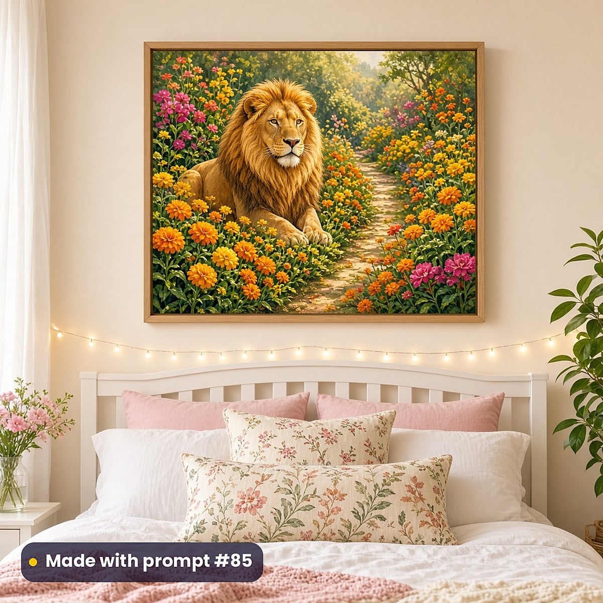 Lion Sun Palaces kids' fantasy artwork UV-printed on a framed print, made with prompt #85