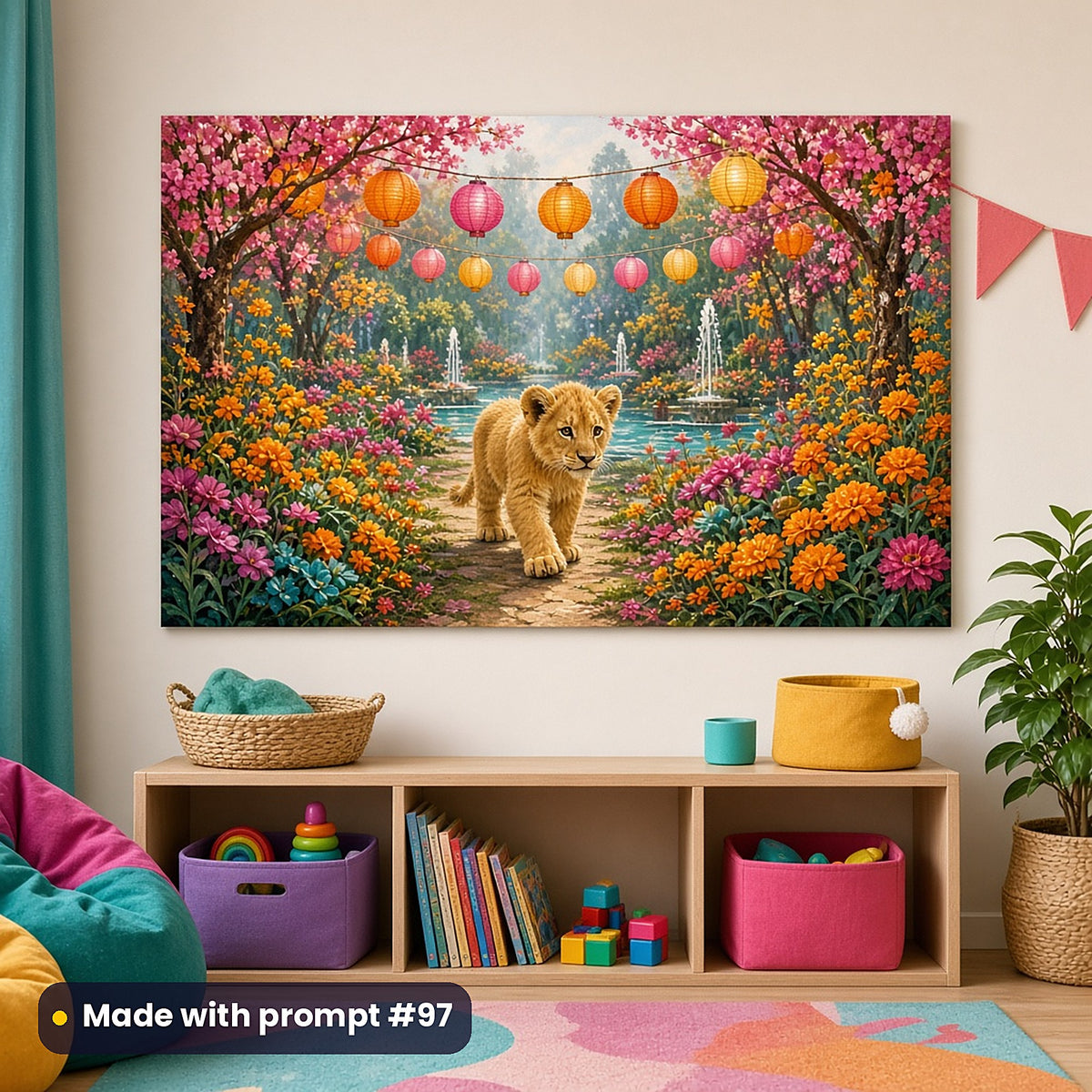 Lion Sun Palaces kids' fantasy artwork UV-printed on an acrylic wall panel, made with prompt #97