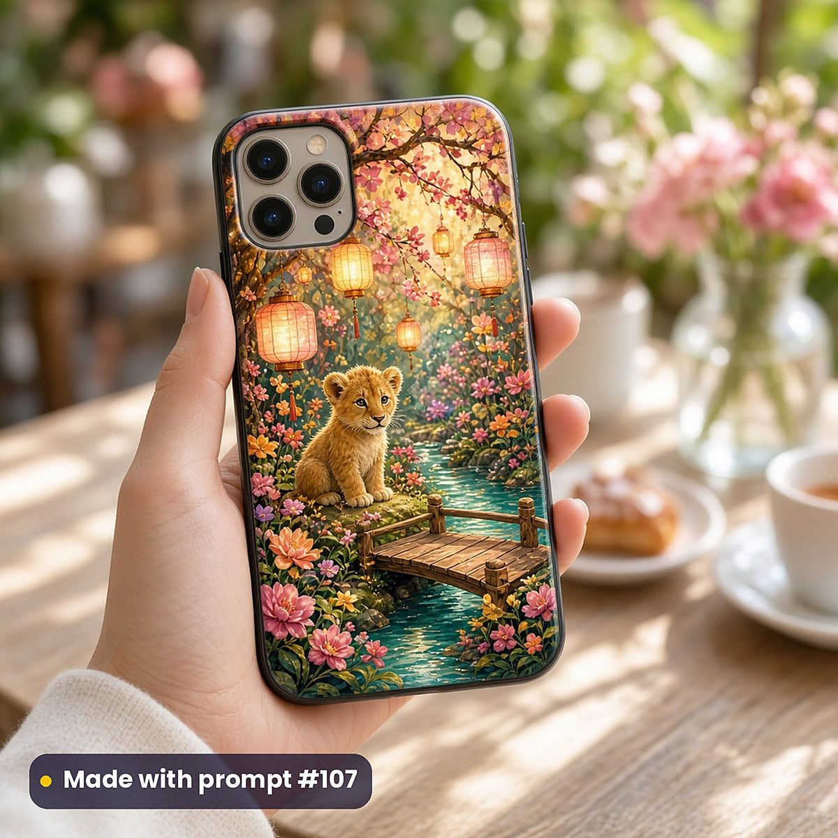 Lion Sun Palaces kids' fantasy artwork UV-printed on a phone case, made with prompt #107