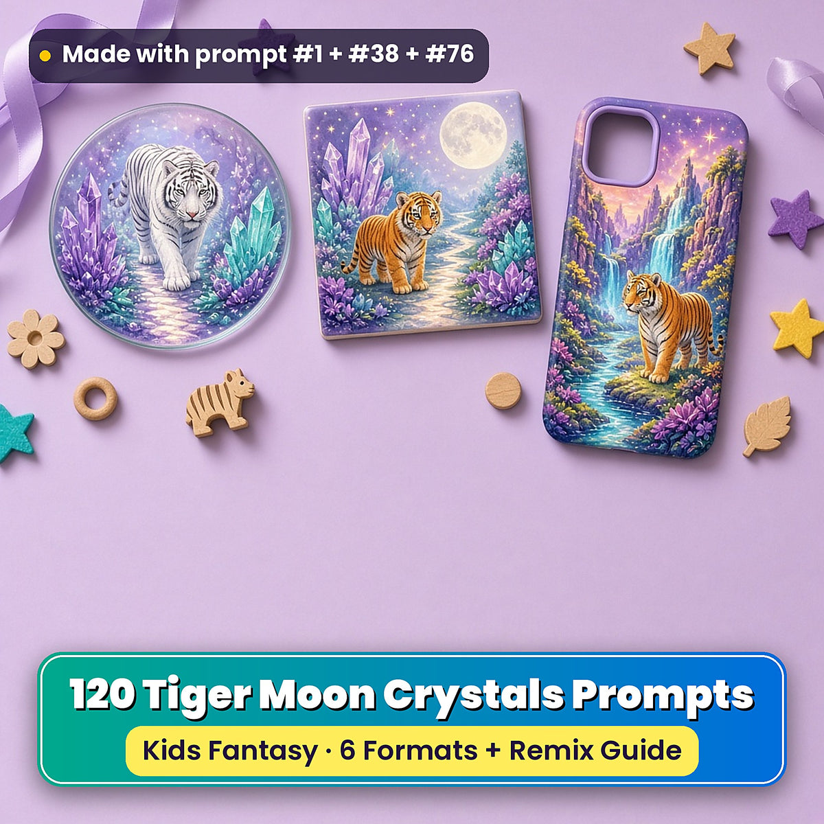 Tiger Moon Crystals kids' fantasy prompt pack title card with UV-printed coaster, tile and phone case, made with prompt #1 + #38 + #76
