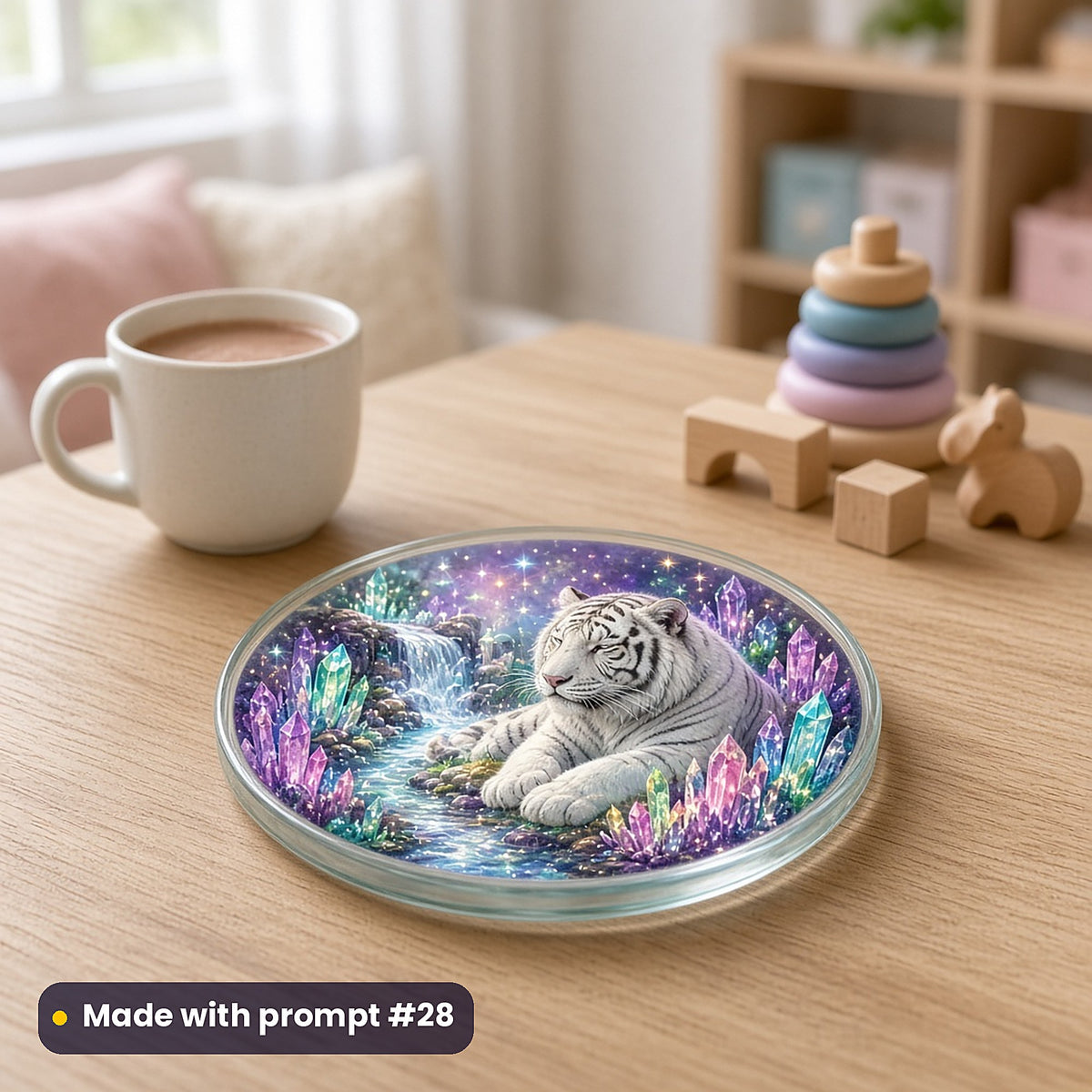 Tiger Moon Crystals kids' fantasy artwork UV-printed on a glass coaster, made with prompt #28