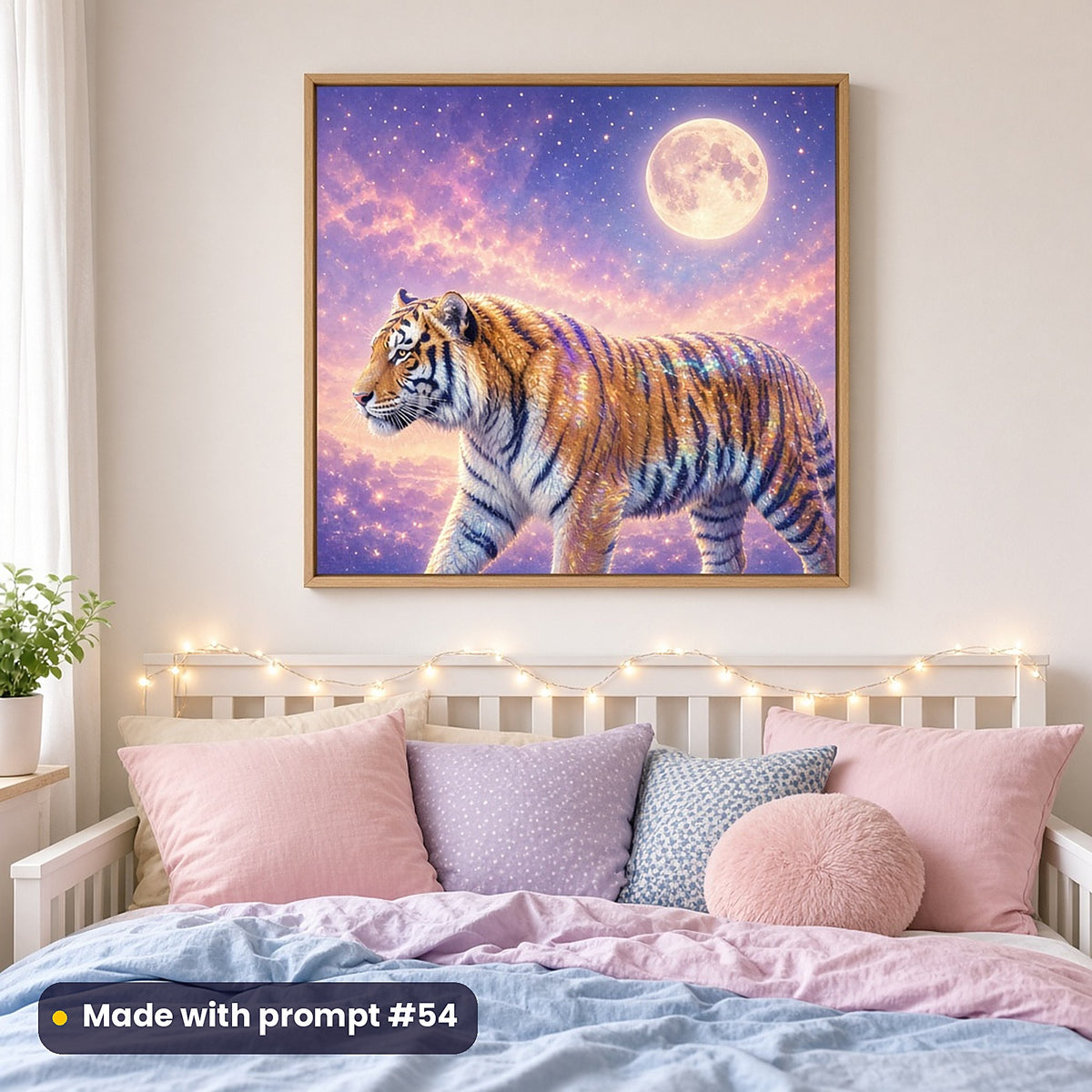 Tiger Moon Crystals kids' fantasy artwork UV-printed on a framed print, made with prompt #54