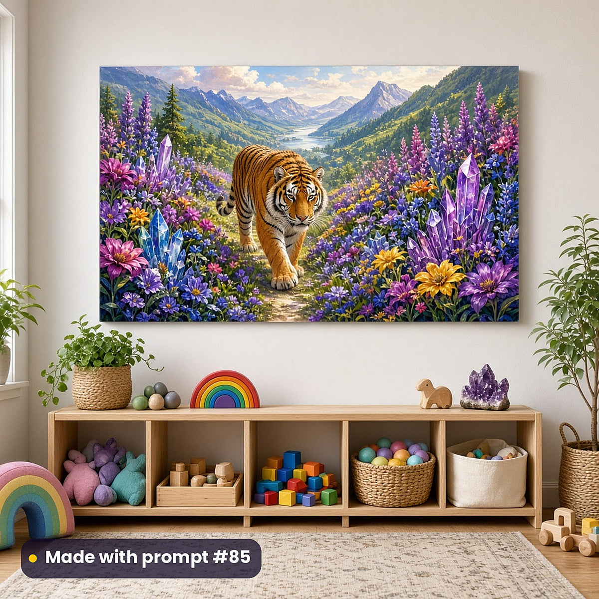 Tiger Moon Crystals kids' fantasy artwork UV-printed on an acrylic wall panel, made with prompt #85
