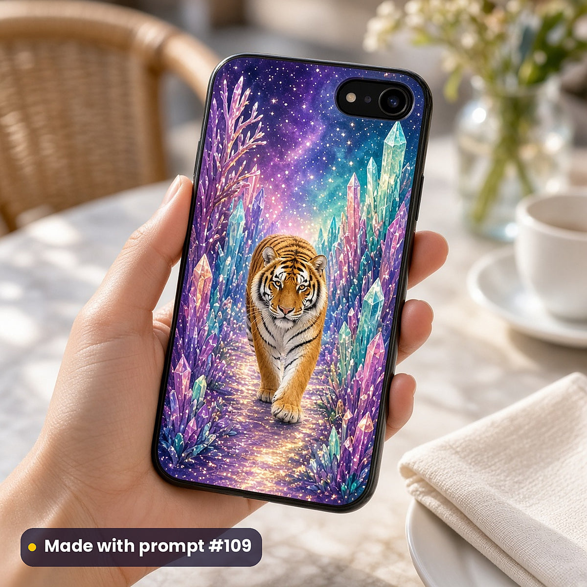 Tiger Moon Crystals kids' fantasy artwork UV-printed on a phone case, made with prompt #109